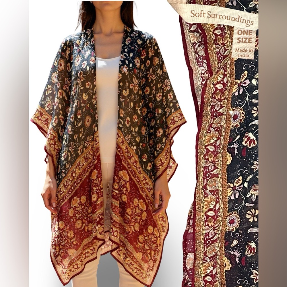 Soft Surroundings Floral Kimono One Size Boho Chiffon Open Front Lightweight